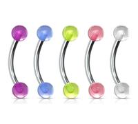 Gekko Body Jewellery 5 Surgical Stainless Steel Curved Eyebrow Bars with Glow in the Dark Balls