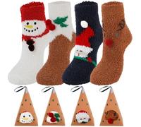 GEKMOR Christmas Socks, 4 Pairs Women's Cute Christmas Cartoon Socks with Boxes, Soft Winter Warm Coral Fleece Christmas Floor Slipper Fluffy Socks, Christmas Socks for Ladies Home Casual Sleeping