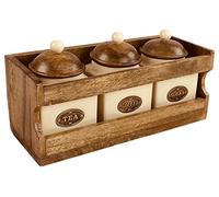 Geko Wooden Rack with 3 Ceramic Jars, Wood, Brown, 32.5 x 13 x 16.5 cm