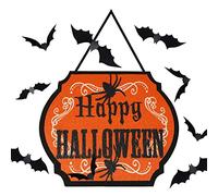 Gelasgo Halloween Hanging Door Decoration, Halloween Pumpkin Hanging Trick or Treat Sign with 12Pcs 3D Bat Wall Sticker for Halloween Party Decoration (Yellow)