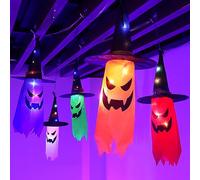 Gelasgo Upgraded Halloween Outdoor Decorations, Hanging Light Up Ghost Witch Hats with LED Lights, Ghost Face String Lights for Indoor Outdoor Decor, Halloween Party, Yard Garden Decoration