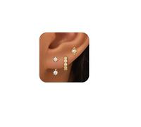 Gelbesty 3 Pairs Gold Dangle Earrings Set for Women Dainty Seashell Daisy Bow Stud Hoop Earrings for Multiple Piercing Cartilage 14K Plated Womens Summer Jewelry Gifts, M, Yellow Gold, Cubic Zirconia