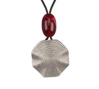 GelConnie Boho Pendant Necklace for Women, Spiral Metal Disc with Red Bead Accent, Long Leather Cord Adjustable Statement Necklace Bohemian Jewelry