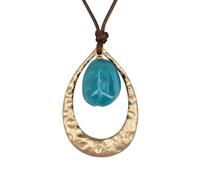 GelConnie Long Boho Necklace for Women Turquoise Drop Pendant with Gold Frame, Adjustable Brown Cord Bohemian Statement Necklace