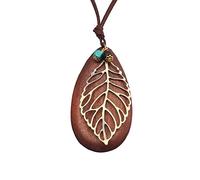 GelConnie Womens Leather Necklace Leaf Wood Necklace Boho Long Pendant Necklaces Brown Leather Necklace for Women,Girls, Faux Leather, No Gemstone