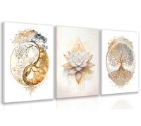 GELDSTEI Tree of Life Wall Art, Calming Zen Wall Decor, Abstract Yin Yang Tree Canvas Painting, Modern Gold Lotus Flower Meditation Poster Print for Living Room Yoga Room Bedroom Framed Set of 3, Each
