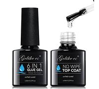 Gelike ec 6 in 1 Gel Nail Glue Base Coat and Top Coat Set - 2x8ml Base and No Wipe Top Coat Gel Polish Super Shiny Stain Resistant for False Nail Tips Long Lasting UV Needed