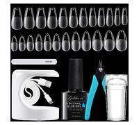 Gelike ec Gel Nail Kit for Manicure - French Nails Stamp, 6 in 1 Gel Glue Adhesive, 240PCS Soft Almond & Coffin Full Cover Tips, UV Lamp - Easy for Salon Home Professional Beginners