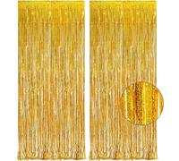 GELIMY 2PCS Gold Metallic Tinsel Foil Fringe Curtain Glamorous Photo Booth Backdrop for Parties, Weddings, Birthdays, Christmas, New Year Decor (3.28ft(1m) wide x 9.84ft(3m))