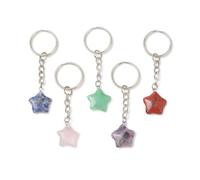 Gelirda 20Pcs Natural Stone Star Pendants Mixed Celestial Gemstone Keychain Charms with Key Ring for Bag Purse Decor