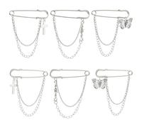 Gelirda 6Pcs Brass Tassel Safety Pin Brooch with Butterfly Cross Charms Chain Lapel Pins for Clothes Backpack Hats Jackets Shoes Decor
