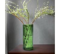 GeLive 12 inch Green Tall Glass Vase, Clear Cylinder Fluted Ribbed Vase Tabletop Centerpiece for Long Stem Branch Artificial Fresh Plant Home Indoor Decoration