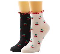 Gellwhu Cute Ankle Crew Socks for Women Girls Ruffle Frilly Strawberry Cherry Kawaii Fun Aesthetic Fruit Cotton Socks, Thin Cherry Ruffle Frilly Socks 2 Pairs, One size