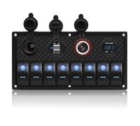 Geloo 8 Gang Toggle Rocker Switch Panel, 12V/24V Waterproof Switch Control Panel Digital Voltage Display Cigarette Lighter Dual USB Charger Port for Car, Boat, RV, Truck (Blue)