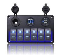 Geloo Waterproof Boat Rocker Switch Panel 6 Gang Marine Switch Panel with 3.1A Daul USB Socket Cigarette Lighter Socket Volt Meter for Truck Marine Boat Car RV