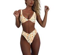 geluboao Bikini Set for Women Solid V Neck Knot Front Push Up High Leg Thong Two Piece Beach Swimsuit, Apricot Floral, Large