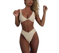 geluboao Bikini Set for Women Solid V Neck Knot Front Push Up High Leg Thong Two Piece Swimsuit, Apricot, Medium