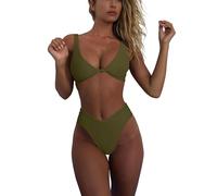 geluboao Bikini Set for Women Solid V Neck Knot Front Push Up High Leg Thong Two Piece Swimsuit, Army Green, Large