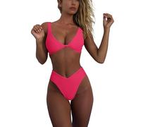 geluboao Bikini Set for Women Solid V Neck Knot Front Push Up High Leg Thong Two Piece Swimsuit, Bright Pink, Medium