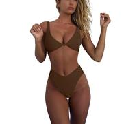 geluboao Bikini Set for Women Solid V Neck Knot Front Push Up High Leg Thong Two Piece Swimsuit, Brown, S