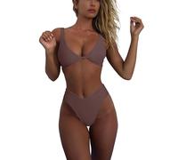 geluboao Bikini Set for Women Solid V Neck Knot Front Push Up High Leg Thong Two Piece Swimsuit, Coffee, X-Large