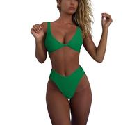 geluboao Bikini Set for Women Solid V Neck Knot Front Push Up High Leg Thong Two Piece Swimsuit, Green, Medium