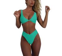 geluboao Bikini Set for Women Solid V Neck Knot Front Push Up High Leg Thong Two Piece Swimsuit, Lake Green, XL