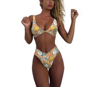 geluboao Bikini Set for Women Solid V Neck Knot Front Push Up High Leg Thong Two Piece Swimsuit, Lake Green Floral, Medium