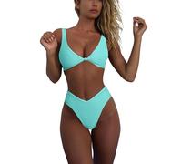 geluboao Bikini Set for Women Solid V Neck Knot Front Push Up High Leg Thong Two Piece Swimsuit, Light Green, S