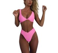 geluboao Bikini Set for Women Solid V Neck Knot Front Push Up High Leg Thong Two Piece Swimsuit, Light Pink, Large