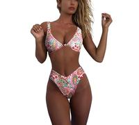 geluboao Bikini Set for Women Solid V Neck Knot Front Push Up High Leg Thong Two Piece Swimsuit, Multi, Medium