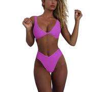 geluboao Bikini Set for Women Solid V Neck Knot Front Push Up High Leg Thong Two Piece Swimsuit, Purple, X-Large