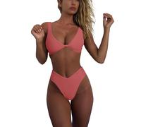 geluboao Bikini Set for Women Solid V Neck Knot Front Push Up High Leg Thong Two Piece Swimsuit, Reddish Orange, XL