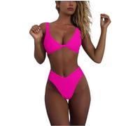 geluboao Bikini Set for Women Solid V Neck Knot Front Push Up High Leg Thong Two Piece Swimsuit, Rose, Large