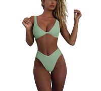 geluboao Bikini Set for Women Solid V Neck Knot Front Push Up High Leg Thong Two Piece Swimsuit, Sage Green, Medium