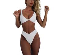 geluboao Bikini Set for Women Solid V Neck Knot Front Push Up High Leg Thong Two Piece Swimsuit, White, Medium