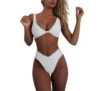 geluboao Bikini Set for Women Solid V Neck Knot Front Push Up High Leg Thong Two Piece Swimsuit, White, Medium