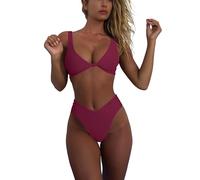 geluboao Bikini Set for Women Solid V Neck Knot Front Push Up High Leg Thong Two Piece Swimsuit, Wine Red, XL
