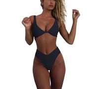 geluboao Womens High Waisted Bikini Set Sexy V Neck Knot Front Push Up Cheeky High Cut Thong Bikini Swimsuit Two Piece, Black, Medium