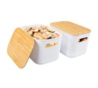 GeluEla 2 PCS Storage Box with Bamboo Lids, Plastic Storage Baskets With Bamboo Lid, Storage Bin with Handle,Stackable Storage Baskets for Shelves Kitchen Bathroom Toy Organiser (White)