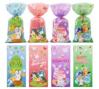 Geluode Easter Gift Bags, 50 Pcs Clear Candy Treat Bags in 4 Designs, 12.5 x 27 cm, With 60 Gold Twist Ties for Easter Party Favors
