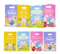 GELXGRIT 50 Pcs Easter Treat Bags Cute Bunny Eggs Patterns Candy Bags with Handle Durable Plastic Gift Pouches for Egg Hunt Spring Birthday Party Supplies Colorful Goodies Bag, 4 Styles