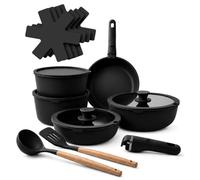 GEM+ | 17 Piece Cookware Set with Removable Handles, Non Stick Pots and Pans Set, Aluminium Kitchen Cookware Set, Induction Gas Electric Compatible, Frying Pans Saucepans Cooking Set (Black)