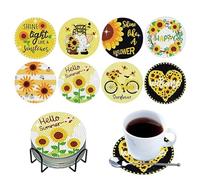 Gem Art Coaster with Holder - 8 Piece Coaster Set, Hello Summer Gnome Cup Holder | Sunflower and Dwarf Flower Painting Coasters, Flower Vase Holder, Craft Set for Adults