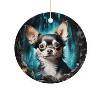 Gem Cave Chihuahua Double-Sided Ceramic Christmas Ornaments - Round Hanging Mini Xmas Tree Decorations, Ideas for Farmers, Rustic Home Decor for Indoor Outdoor Tree Decor