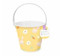 Gem Imports 1 Yellow Bunnies and Carrots Easter Egg Hunt Tin Bucket 16cm - Metal Easter Basket with Handle for Egg Hunts, Sweets & Seasonal Gifts