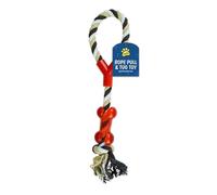 Gem Imports Beige & Black with Red Rope Pull & Tug Dog Toy 37cm - Durable Knotted Cotton Tug Toy with PVC Bone