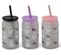 Gem Imports Frosted Halloween Cute Ghost Glass Tumblers with Lids and Reusable Straws - Set of 3