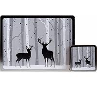 Gem Imports Grey Silver Stag Christmas Dinner Hardback Placemats And Coasters (Set of 4)
