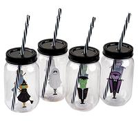 Gem Imports Halloween Kids Reusable Plastic Drinking Mason Jar Cups - Lid & Straw (Set of 4)